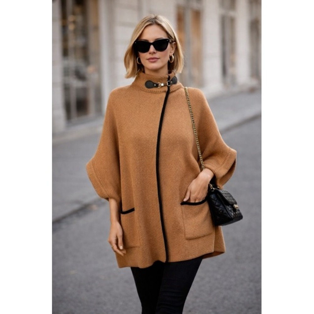 APT 9 Camel Knit Poncho Sweater Capelet Black Trim Buckle Closure Pockets